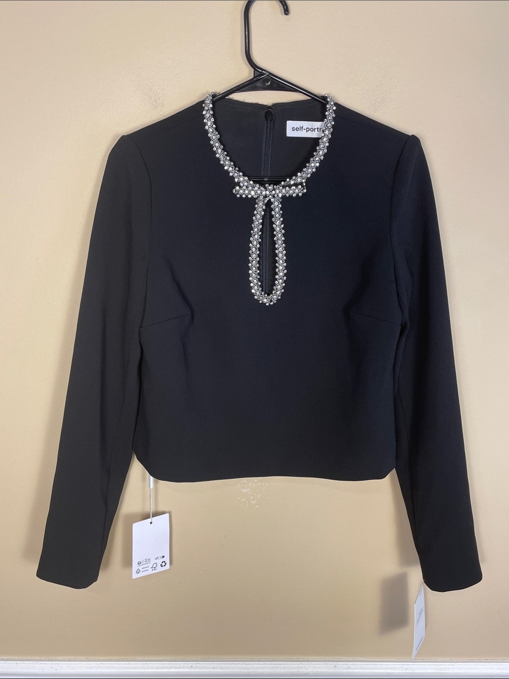 NWT Self-Portrait Women’s Black Crepe Diamente Rhinestone Keyhole LS Blouse